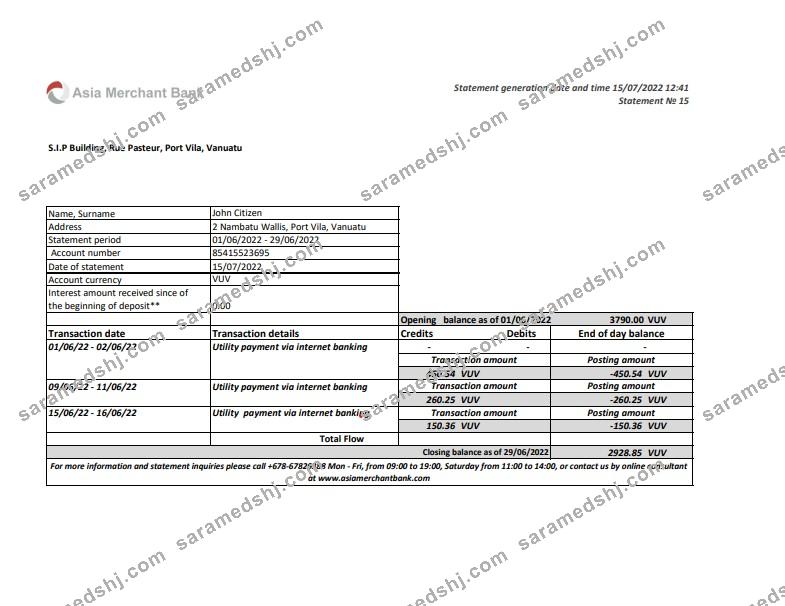 Vanuatu Asia Merchant bank statement, Excel and PDF format